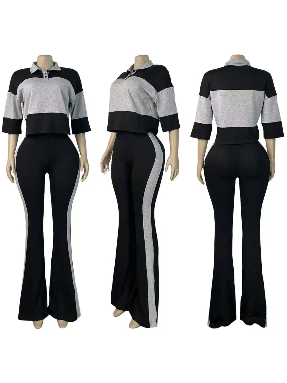 Casual Two-Piece Black & Gray Flare Set - Collared Crop Top & Bootcut Pants